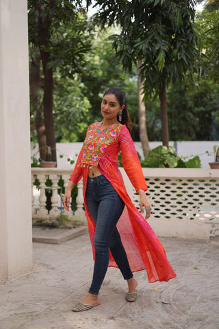 Orange Bandhani Print Faux Georgette Kurti with Kutchi Patchwork ClothsVilla