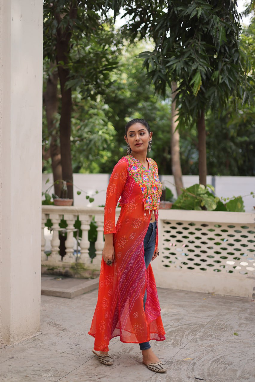 Orange Bandhani Print Faux Georgette Kurti with Kutchi Patchwork ClothsVilla