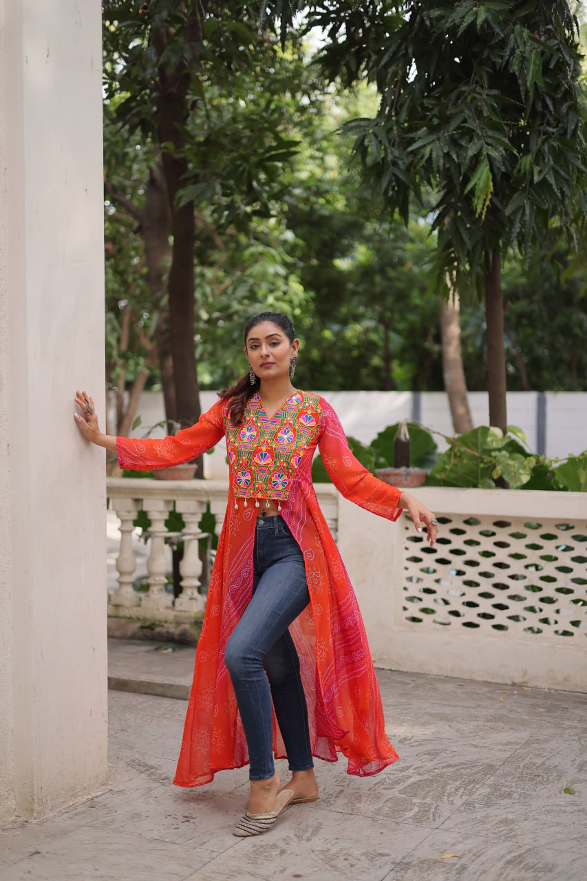 Orange Bandhani Print Faux Georgette Kurti with Kutchi Patchwork ClothsVilla