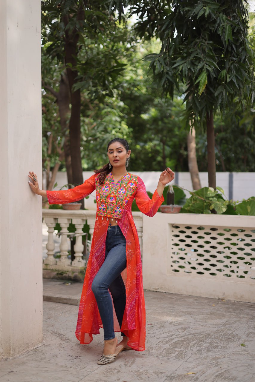 Orange Bandhani Print Faux Georgette Kurti with Kutchi Patchwork ClothsVilla