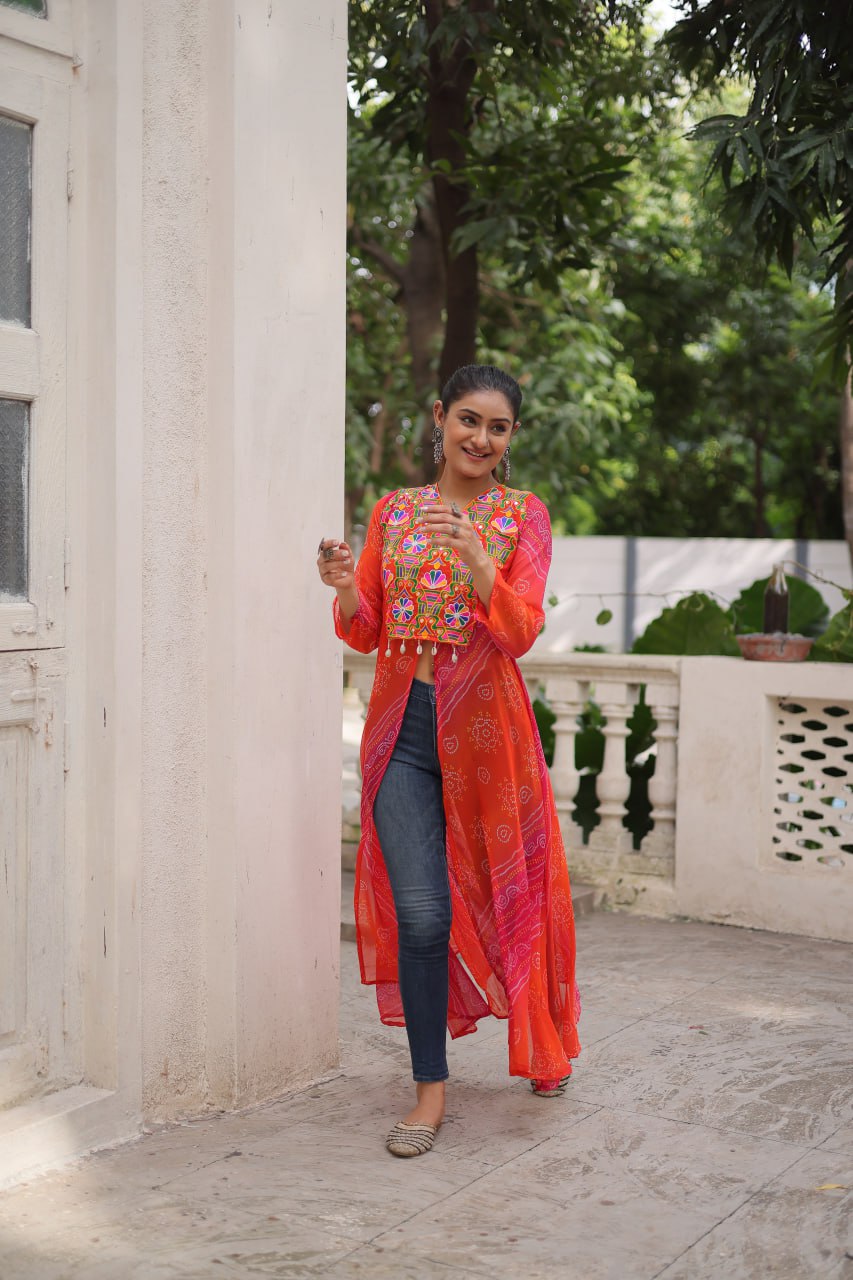 Orange Bandhani Print Faux Georgette Kurti with Kutchi Patchwork ClothsVilla