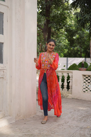 Orange Bandhani Print Faux Georgette Kurti with Kutchi Patchwork ClothsVilla