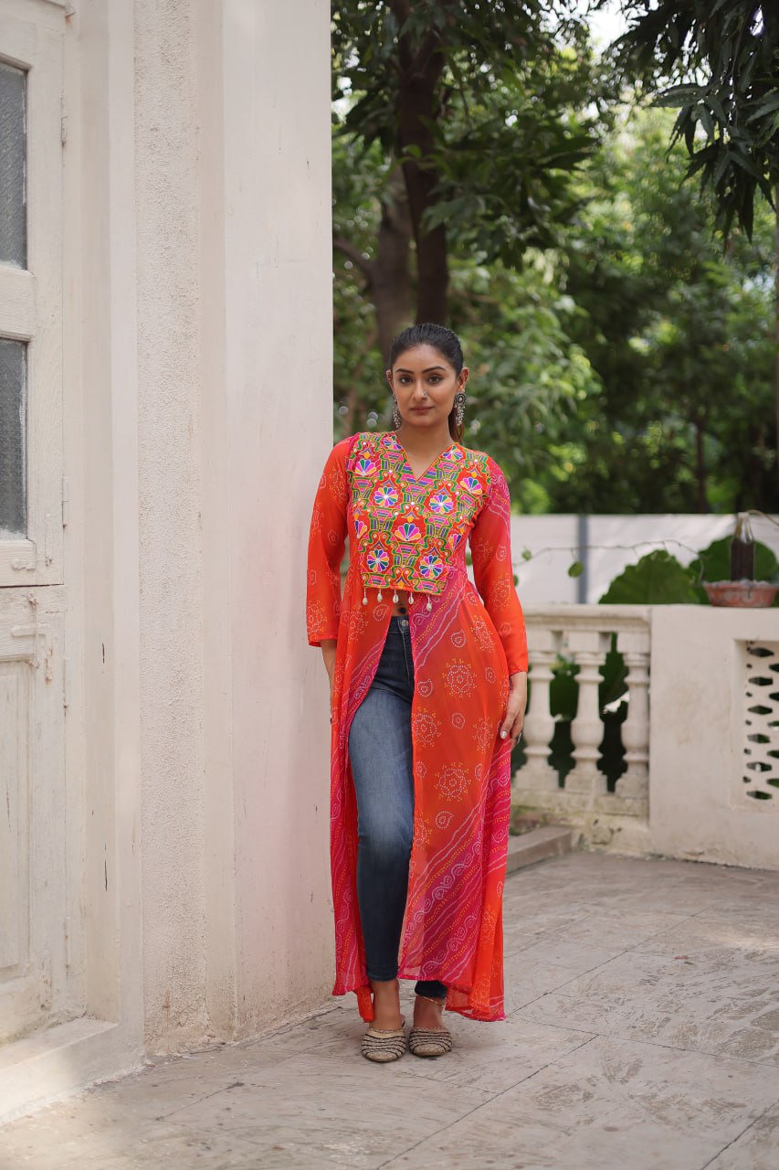 Orange Bandhani Print Faux Georgette Kurti with Kutchi Patchwork ClothsVilla