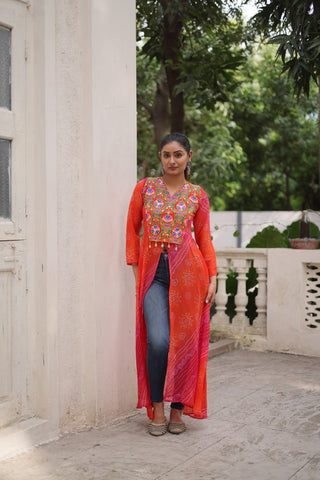 Orange Bandhani Print Faux Georgette Kurti with Kutchi Patchwork ClothsVilla