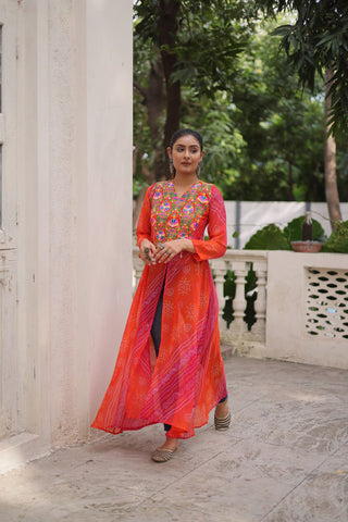 Orange Bandhani Print Faux Georgette Kurti with Kutchi Patchwork ClothsVilla