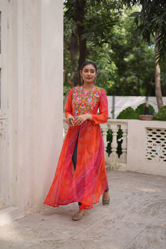 Orange Bandhani Print Faux Georgette Kurti with Kutchi Patchwork ClothsVilla