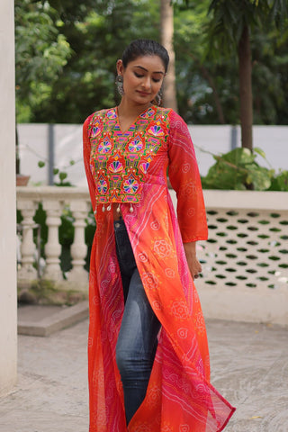 Orange Bandhani Print Faux Georgette Kurti with Kutchi Patchwork ClothsVilla