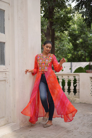Orange Bandhani Print Faux Georgette Kurti with Kutchi Patchwork ClothsVilla