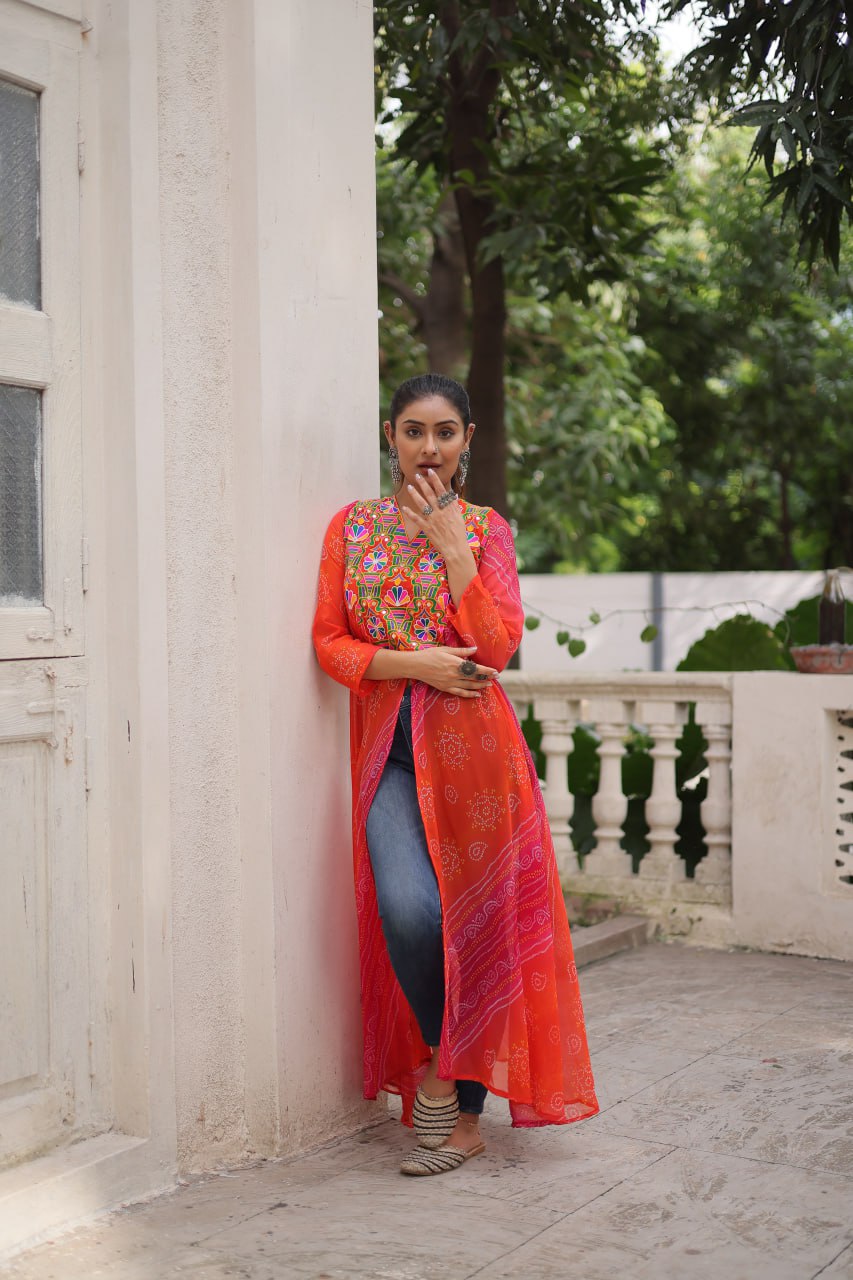 Orange Bandhani Print Faux Georgette Kurti with Kutchi Patchwork ClothsVilla