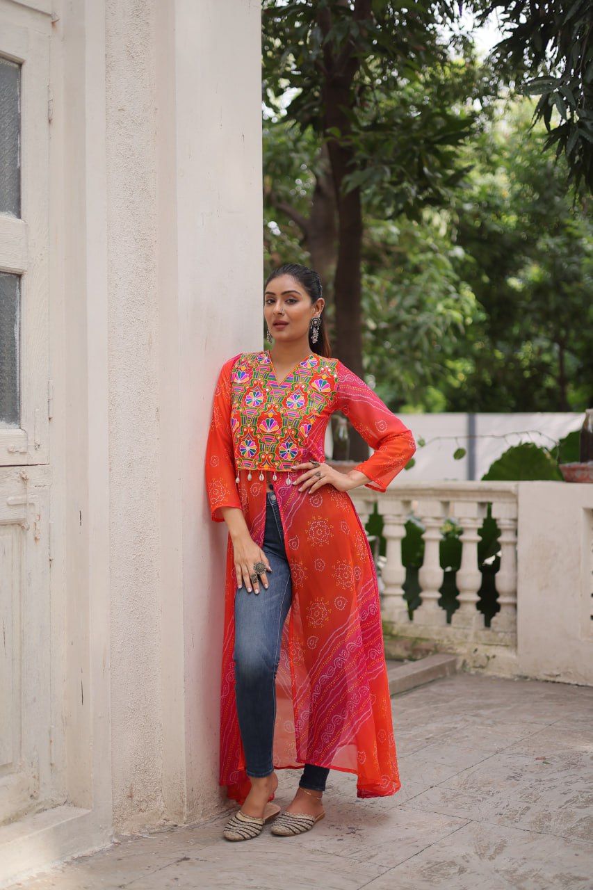Orange Bandhani Print Faux Georgette Kurti with Kutchi Patchwork ClothsVilla