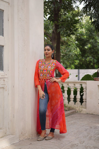 Orange Bandhani Print Faux Georgette Kurti with Kutchi Patchwork ClothsVilla