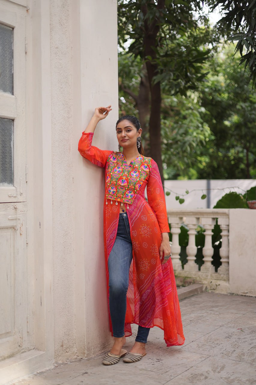 Orange Bandhani Print Faux Georgette Kurti with Kutchi Patchwork ClothsVilla