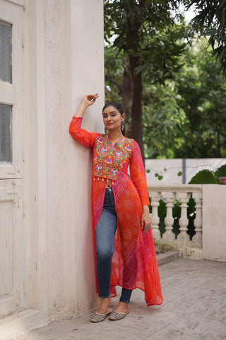 Orange Bandhani Print Faux Georgette Kurti with Kutchi Patchwork ClothsVilla