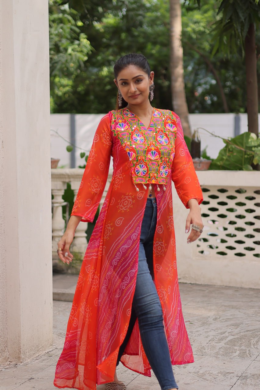 Orange Bandhani Print Faux Georgette Kurti with Kutchi Patchwork ClothsVilla