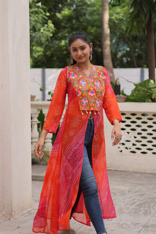 Orange Bandhani Print Faux Georgette Kurti with Kutchi Patchwork ClothsVilla