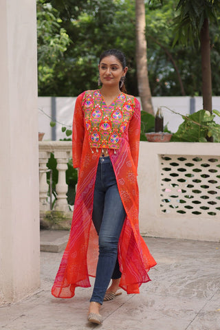 Orange Bandhani Print Faux Georgette Kurti with Kutchi Patchwork ClothsVilla
