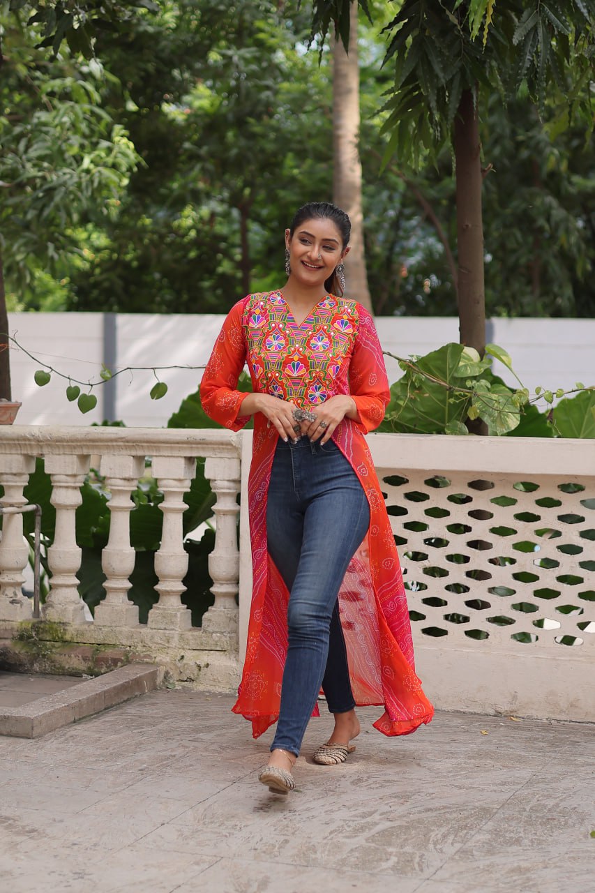 Orange Bandhani Print Faux Georgette Kurti with Kutchi Patchwork ClothsVilla