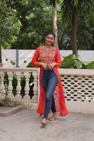 Orange Bandhani Print Faux Georgette Kurti with Kutchi Patchwork ClothsVilla