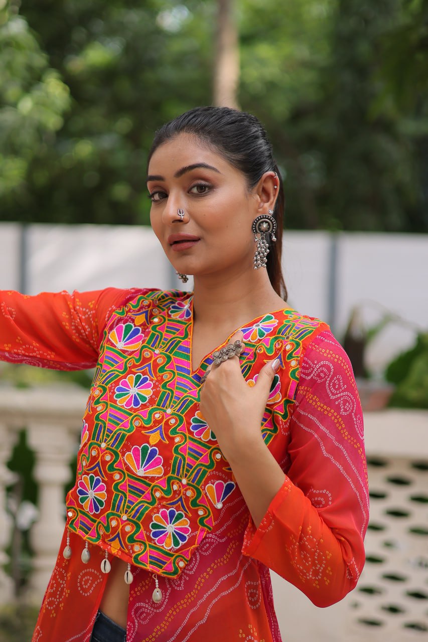 Orange Bandhani Print Faux Georgette Kurti with Kutchi Patchwork ClothsVilla