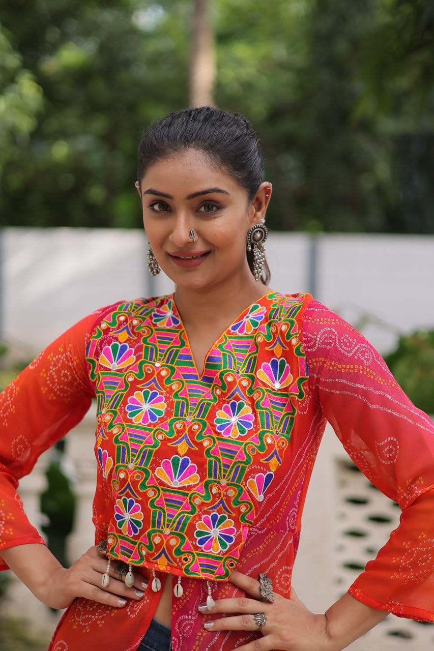 Orange Bandhani Print Faux Georgette Kurti with Kutchi Patchwork ClothsVilla