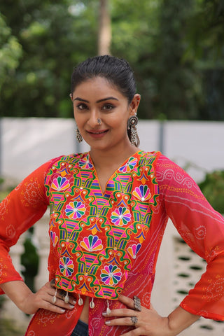 Orange Bandhani Print Faux Georgette Kurti with Kutchi Patchwork ClothsVilla