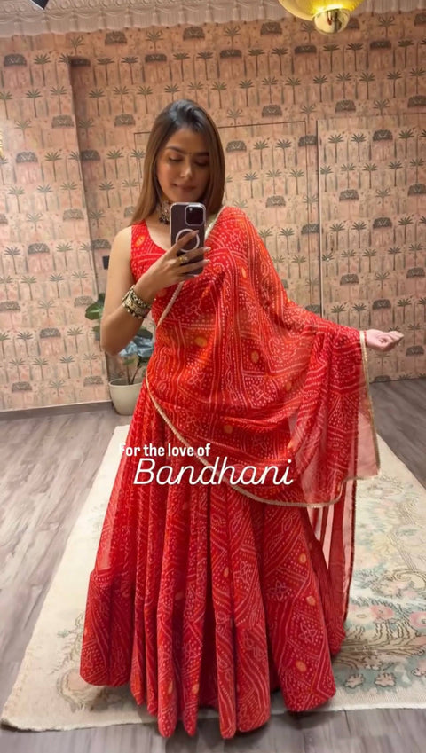 Orange Bandhani Print Faux Georgette Lehenga Choli Set with Dupatta –Navratri Special Festive Wear ClothsVilla Main image