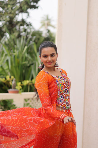 Orange Bandhani Print & Kutchi Gamthi Patchwork Top with Matching Bottom Set ClothsVilla