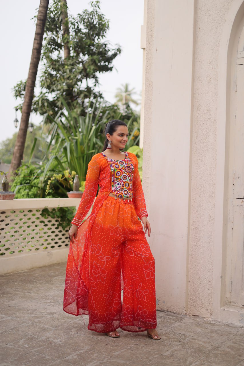 Orange Bandhani Print & Kutchi Gamthi Patchwork Top with Matching Bottom Set ClothsVilla