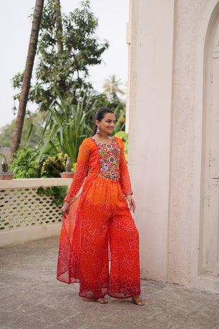Orange Bandhani Print & Kutchi Gamthi Patchwork Top with Matching Bottom Set ClothsVilla