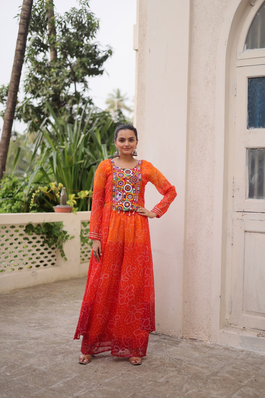 Orange Bandhani Print & Kutchi Gamthi Patchwork Top with Matching Bottom Set ClothsVilla
