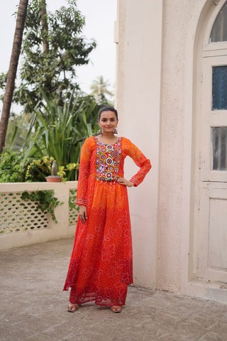 Orange Bandhani Print & Kutchi Gamthi Patchwork Top with Matching Bottom Set ClothsVilla