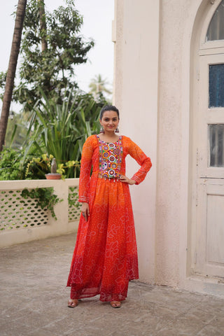 Orange Bandhani Print & Kutchi Gamthi Patchwork Top with Matching Bottom Set ClothsVilla