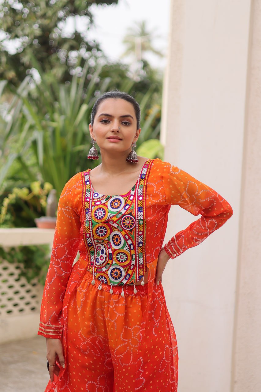 Orange Bandhani Print & Kutchi Gamthi Patchwork Top with Matching Bottom Set ClothsVilla