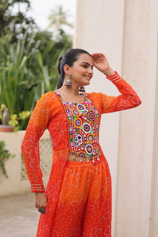 Orange Bandhani Print & Kutchi Gamthi Patchwork Top with Matching Bottom Set ClothsVilla