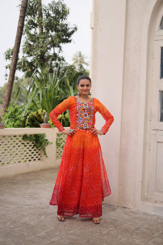 Orange Bandhani Print & Kutchi Gamthi Patchwork Top with Matching Bottom Set ClothsVilla
