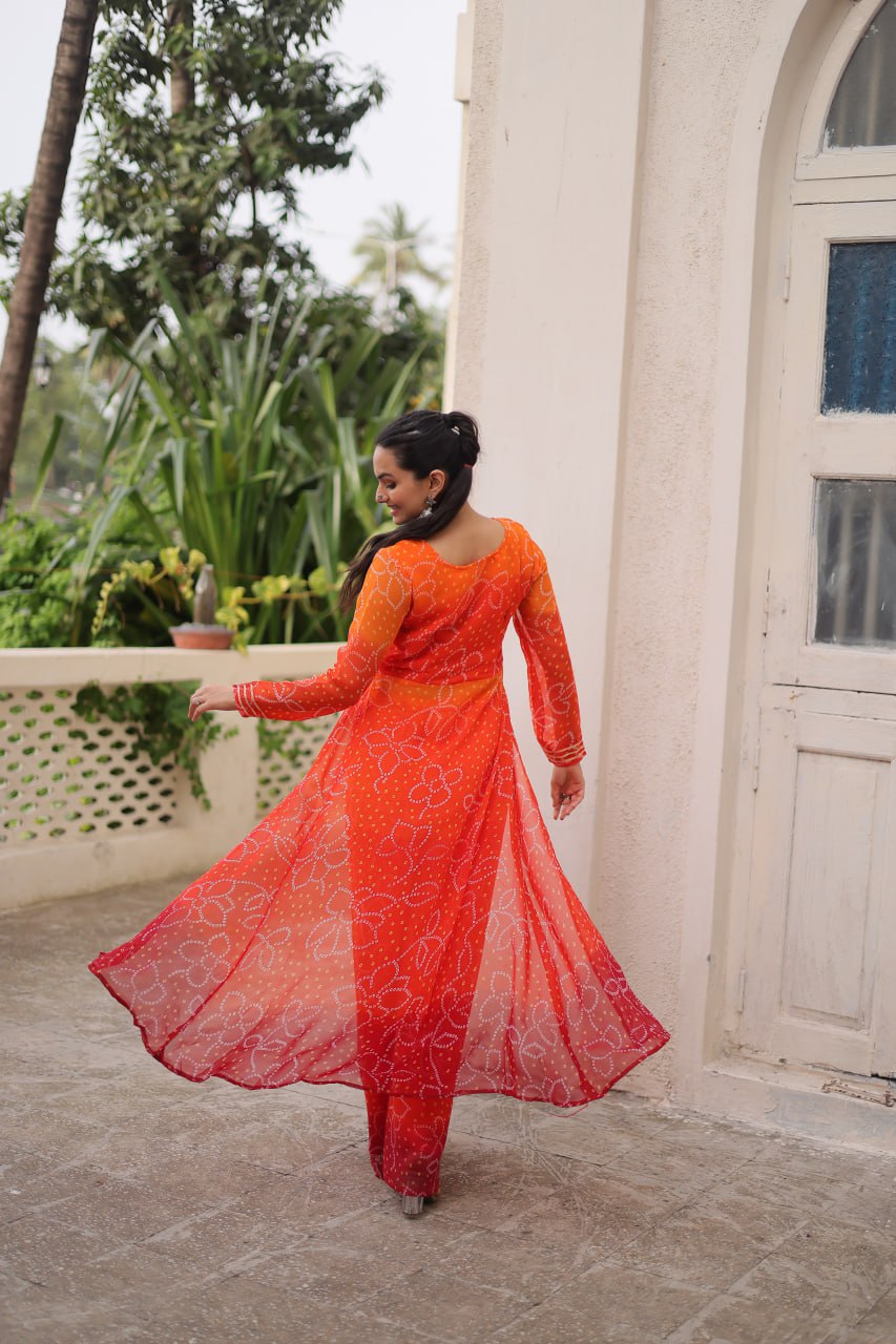 Orange Bandhani Print & Kutchi Gamthi Patchwork Top with Matching Bottom Set ClothsVilla