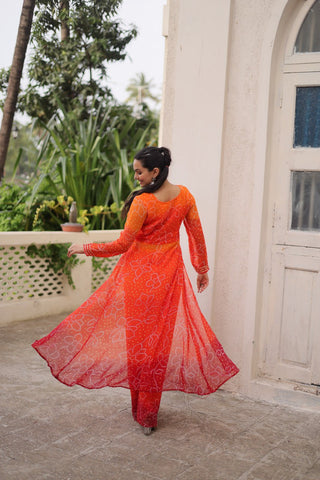 Orange Bandhani Print & Kutchi Gamthi Patchwork Top with Matching Bottom Set ClothsVilla