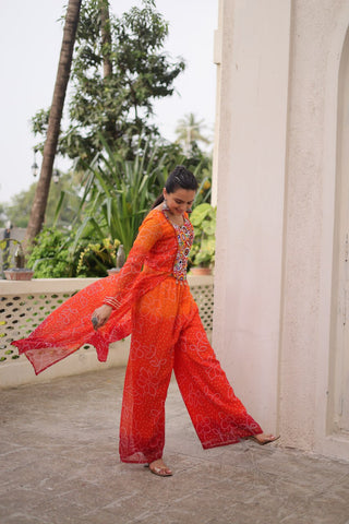 Orange Bandhani Print & Kutchi Gamthi Patchwork Top with Matching Bottom Set ClothsVilla
