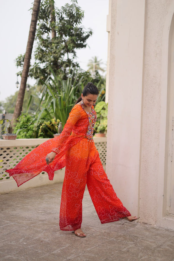 Orange Bandhani Print & Kutchi Gamthi Patchwork Top with Matching Bottom Set ClothsVilla