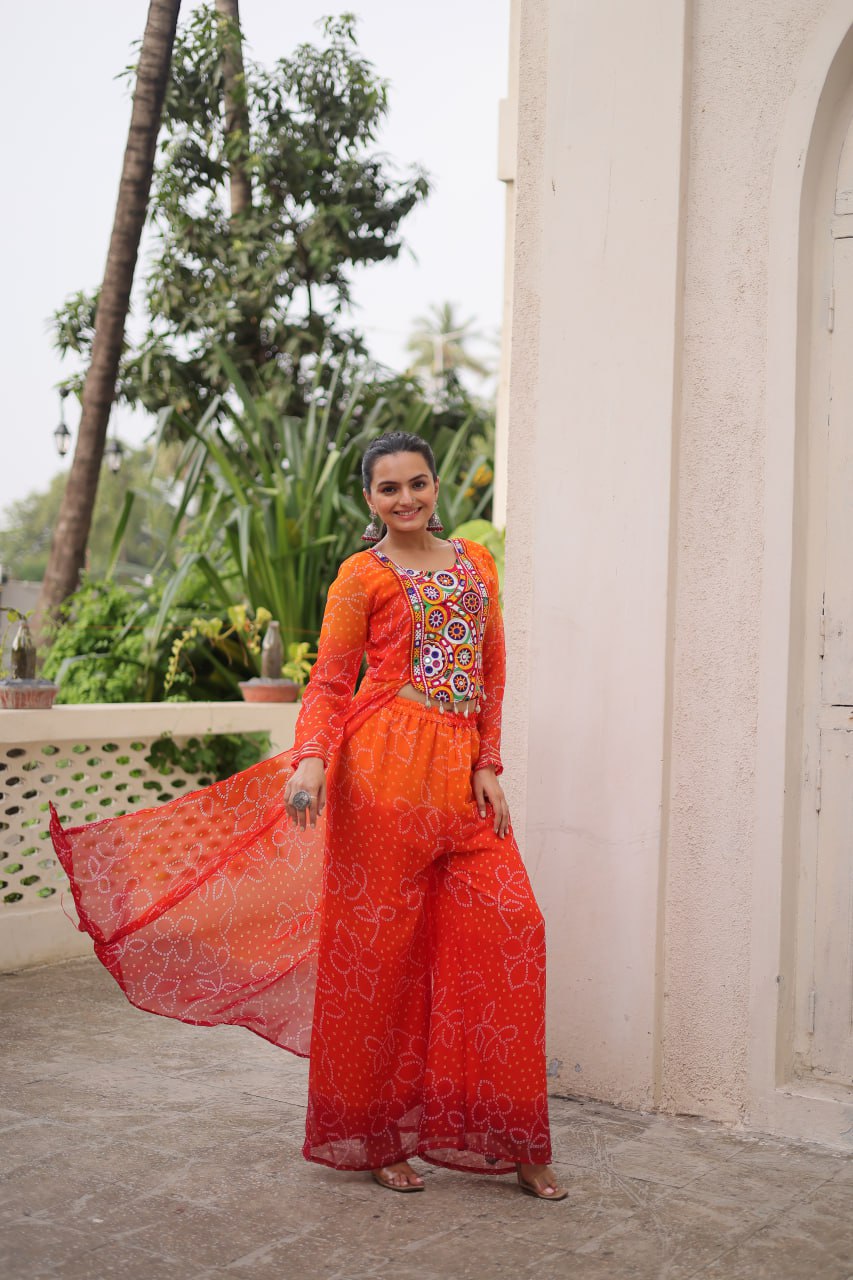 Orange Bandhani Print & Kutchi Gamthi Patchwork Top with Matching Bottom Set ClothsVilla