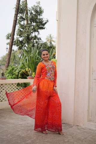 Orange Bandhani Print & Kutchi Gamthi Patchwork Top with Matching Bottom Set ClothsVilla