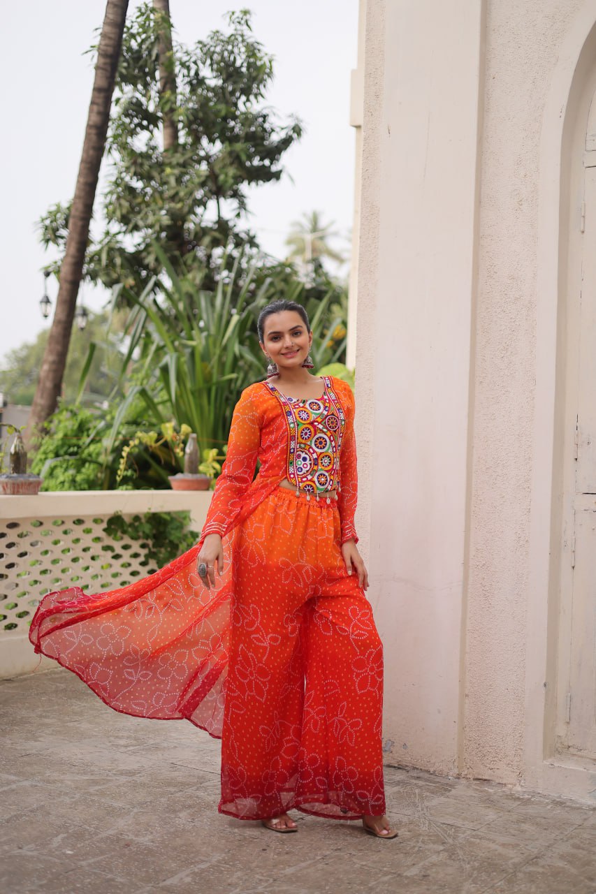 Orange Bandhani Print & Kutchi Gamthi Patchwork Top with Matching Bottom Set ClothsVilla