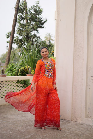 Orange Bandhani Print & Kutchi Gamthi Patchwork Top with Matching Bottom Set ClothsVilla
