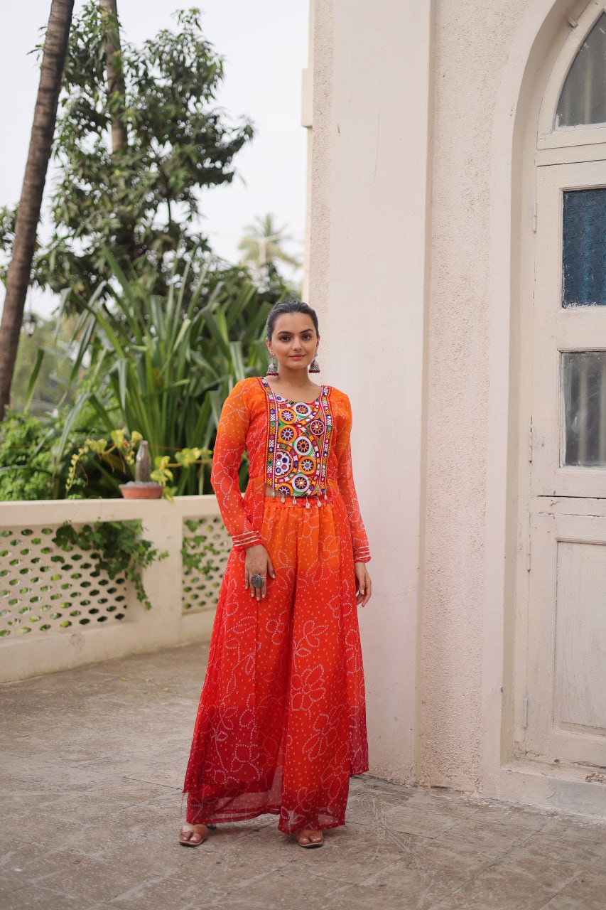 Orange Bandhani Print & Kutchi Gamthi Patchwork Top with Matching Bottom Set ClothsVilla