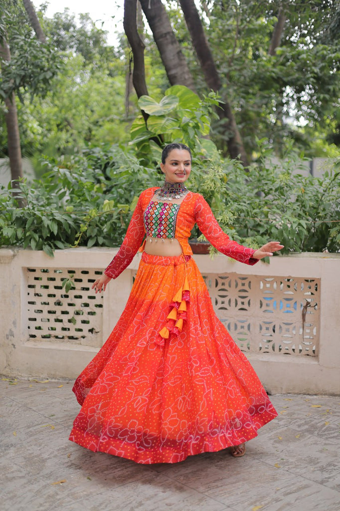 Orange Bandhani Print Lehenga with Kutchi Gamthi Patchwork & Matching Blouse ClothsVilla