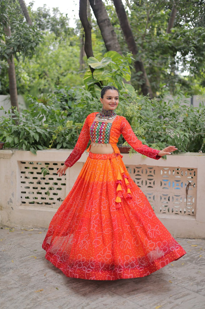 Orange Bandhani Print Lehenga with Kutchi Gamthi Patchwork & Matching Blouse ClothsVilla