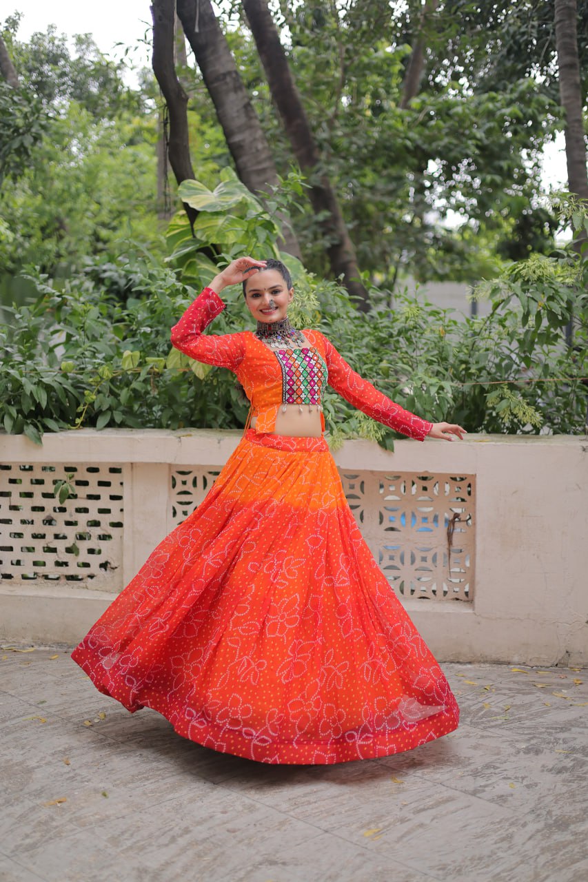 Orange Bandhani Print Lehenga with Kutchi Gamthi Patchwork & Matching Blouse ClothsVilla
