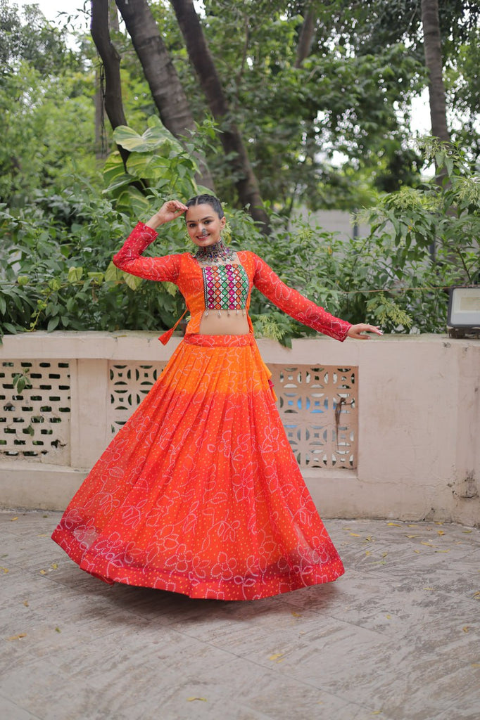 Orange Bandhani Print Lehenga with Kutchi Gamthi Patchwork & Matching Blouse ClothsVilla