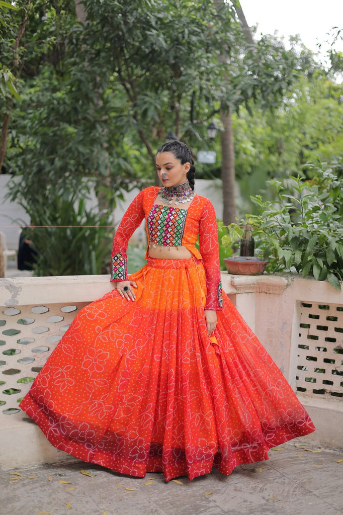 Orange Bandhani Print Lehenga with Kutchi Gamthi Patchwork & Matching Blouse ClothsVilla