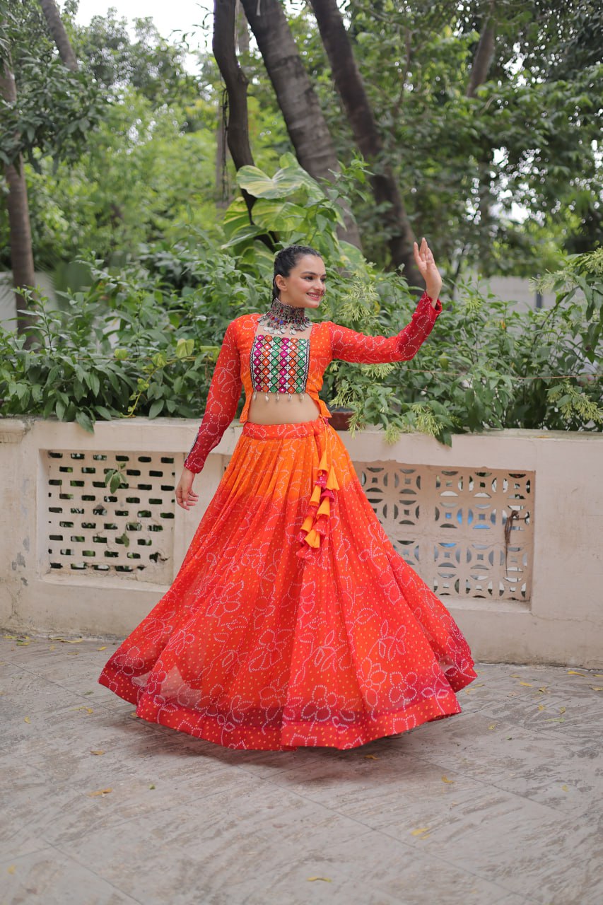 Orange Bandhani Print Lehenga with Kutchi Gamthi Patchwork & Matching Blouse ClothsVilla